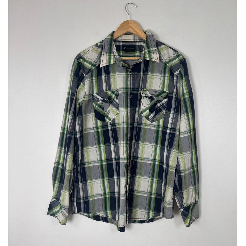Westerncore INC International Concepts Mens L Snap Shirt Green Plaid Long Sleeve